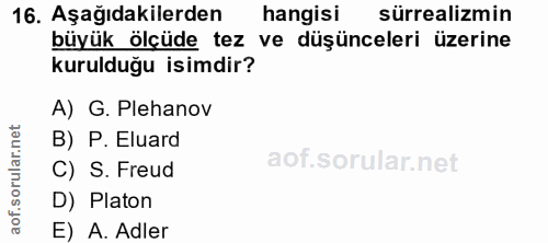 16. soru: Aşağıdakilerden hangisi sürrealizmin büyük ölçüde tez ve düşünceleri üzerine kurulduğu isimdir? A) G. Plehanov .net B…