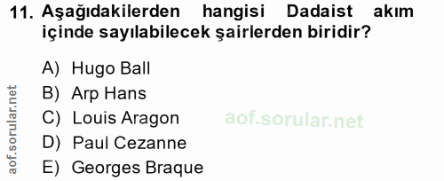 11. soru: Aşağıdakilerden hangisi Dadaist akım içinde sayılabilecek şairlerden biridir? A) Hugo Ball B) Arp Hans C) Louis Arago…