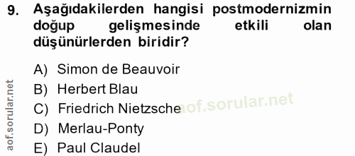 9. soru: Aşağıdakilerden hangisi postmodernizmin doğup gelişmesinde etkili olan düşünürlerden biridir? A) Simon de Beauvoir C)…