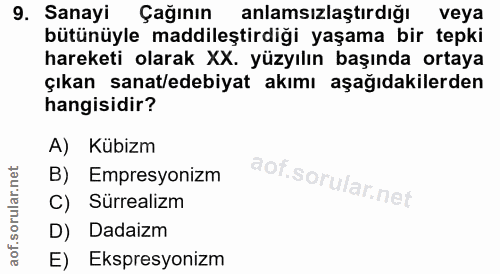 9. soru: Sanayi Çağının anlamsızlaştırdığı veya bütünüyle maddileştirdiği yaşama bir tepki hareketi olarak XX. yüzyılın başınd…