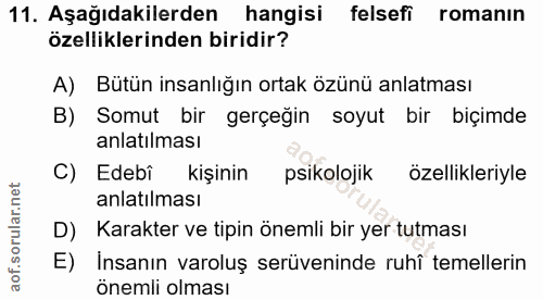 11. soru: Aşağıdakilerden hangisi felsefi romanın özelliklerinden biridir? A) Bütün insanlığın ortak özünü anlatması B) Somut b…