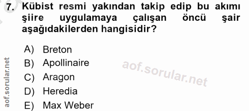 7. soru: Kübist resmi yakından takip edip bu akımı şiire uygulamaya çalışan öncü aşağıdakilerden hangisidir? A) Breton B) Apol…
