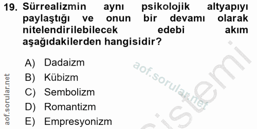 19. soru: Sürrealizmin aynı psikolojik altyapıyı paylaştığı ve onun bir devamı olarak nitelendirilebilecek edebi akım aşağıdaki…