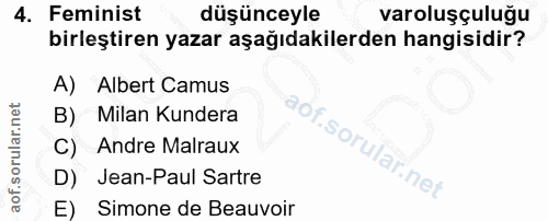 4. soru: Feminist düşünceyle varoluşçuluğu birleştiren yazar aşağıdakilerden hangisidir? A) Albert Camus B) Milan Kundera So C…