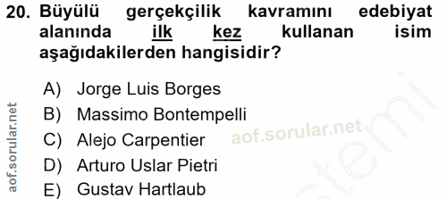 20. soru: Büyülü gerçekçilik kavramını edebiyat alanında ilk kez kullanan isim aşağıdakilerden hangisidir? A) Jorge Luis Borges…