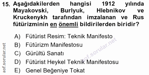 15. soru: Aşağıdakilerden hangisi 1912 yılında Mayakovski, Burlyuk, Hlebnikov ve Kruckenykh tarafından imzalanan ve Rus fütüriz…