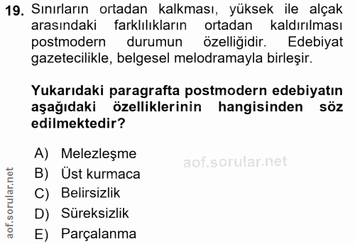 19. soru: Sınırların ortadan kalkması, yüksek ile alçak arasındaki farklılıkların ortadan kaldırılması postmodern durumun özell…