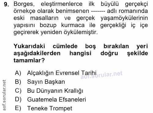 9. soru: Borges, eleştirmenlerce ilk büyülü gerçekçi örnekçe olarak benimsenen ------- adlı romanında eski masalların ve gerçe…