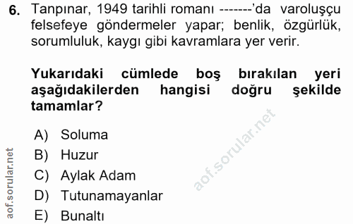 6. soru: Tapınar, 1949 tarihli romanı ----'da varoluşçu felsefeye göndermeler yapar; benlik, özgürlük, sorumluluk, kaygı gibi…