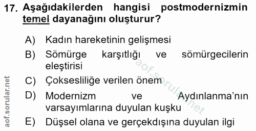 17. soru: Aşağıdakilerden hangisi_ postmodernizmin temel dayanağını oluşturur? A) Kadın hareketinin gelişmesi B) Sömürge Karşıt…