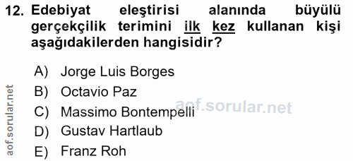 12. soru: Edebiyat eleştirisi alanında büyülü gerçekçilik terimini ilk kez kullanan kişi aşağıdakilerden hangisidir? A) Jorge L…