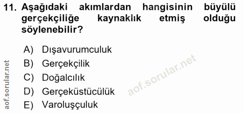 11. soru: Aşağıdaki akımlardan hangisinin büyülü gerçekçiliğe Kaynaklık etmiş olduğu söylenebilir? A) Dışavurumculuk B) Gerçekç…