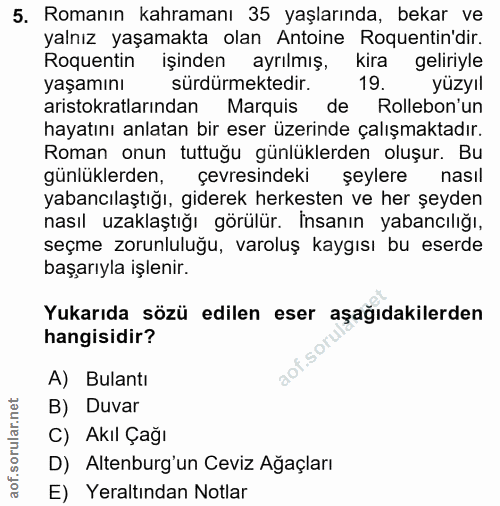 5. soru: Romanın kahramanı 35 yaşlarında, bekar ve yalnız yaşamakta olan Antoine Roquentin dir. Roquentin işinden ayrılmış, ki…