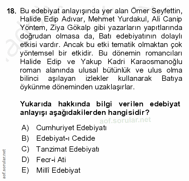 18. soru: Bu edebiyat anlayışında yer alan Ömer Seyfettin, Halide Edip Adıvar, Mehmet Yurdakul, Ali Canip Yöntem, Ziya Gökalp g…