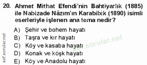 20. soru: Ahmet Mithat Efendi'nin Bahtiyarlık (1885) ile Nabizade Nâzım'ın Karabibik (1890) isimli eserleriyle işlenen ana tema…