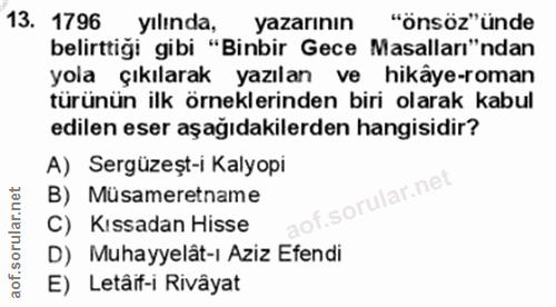 13. soru: 1796 yılında, yazarının "önsöz" ünde belirttiği gibi "Binbir Gece Masalları"ndan yola çıkılarak yazılan ve hikâye-rom…