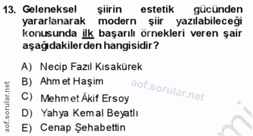 13. soru: Geleneksel şiirin estetik gücünden yararlanarak modern şiir yazılabileceği konusunda ilk başarılı örnekleri veren şai…