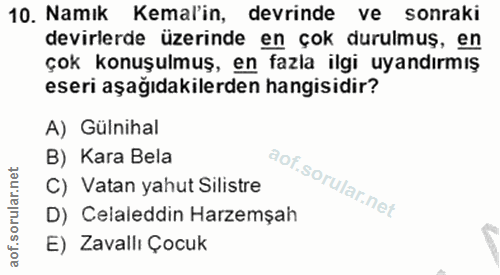 10. soru: Namık Kemal'in, devrinde ve sonraki devirlerde üzerinde en çok durulmuş, en çok konuşulmuş, en fazla ilgi uyandırmış…