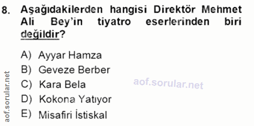 8. soru: Aşağıdakilerden hangisi Direktör Mehmet Ali Bey'in tiyatro eserlerinden değildir? A) Ayyar Hamza B) Geveze Berber C)…