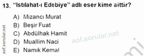 13. soru: "Istilahat-ı Edebiye" adlı eser kime aittir? A) Mizancı Murat B) Beşir Fuat C) Abdülhak Hamit D) Muallim Naci E) Namı…