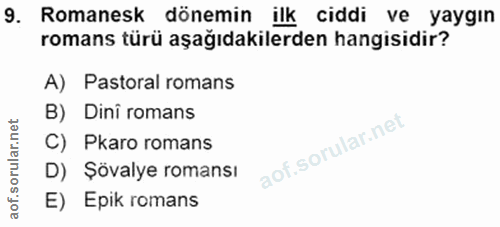 9. soru: Romanesk dönemin ilk ciddi ve yaygın romans türü aşağıdakilerden hangisidir? A) Pastoral romans B) Dini romans C) Pka…