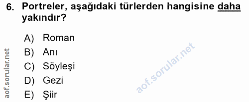6. soru: Portreler, aşağıdaki türlerden hangisine daha yakındır? A) Roman B) Anı C) Söyleşi D) Gezi E) Şiir