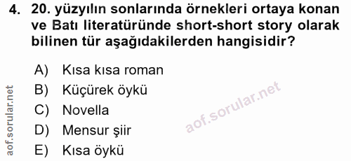 4. soru: 20. yüzyılın sonlarında örnekleri ortaya konan ve Batı literatüründe short-short story olarak bilinen tür aşağıdakile…