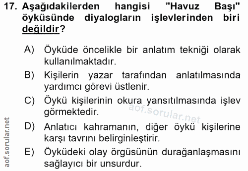 17. soru: Aşağıdakilerden hangisi "Havuz Başı" öyküsünde diyalogların işlevlerinden biri değildir? A) Öyküde öncelikle bir anla…