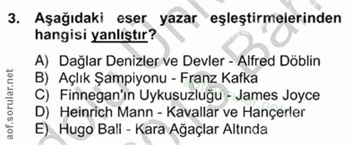 3. soru: Aşağıdaki eser yazar eşleştirmelerinden hangisi yanlıştır? A) Dağlar Denizler ve Devler - Alfred Döblin B) Açlık Şamp…