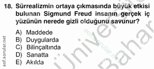 18. soru: Sürrealizmin ortaya çıkmasında büyük etkisi bulunan Sigmund Freud insanın gerçek iç yüzünün nerede gizli olduğunu sav…