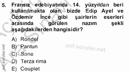 5. soru: Fransız edebiyatında 14. yüzyıldan beri kullanılmakta olan, bizde Edip Ayel ve Özdemir ince gibi şairlerin eserleri a…