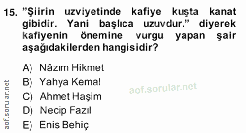15. soru: "Şiirin uzviyetinde kafiye kuşta kanat gibidir. Yani başlıca uzuvdur." diyerek kafiyenin önemine vurgu yapan şair aşa…