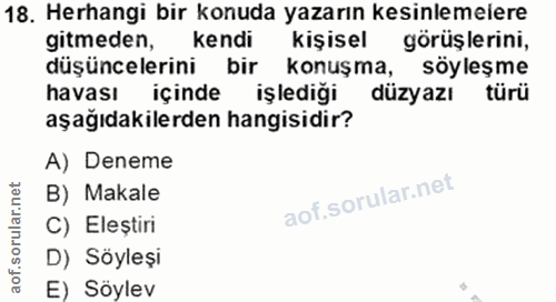 18. soru: Herhangi bir konuda yazarın kesinlemeiere gitmeden, kendi kişisel görüşlerini, düşüncelerini bir konuşma, söyleşme ha…