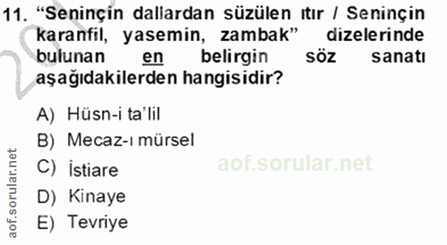 11. soru: "Seninçin dallardan süzülen ıtır / Seninçin karanfil, yasemin, zambak" dizelerinde bulunan en belirgin söz sanatı aşa…