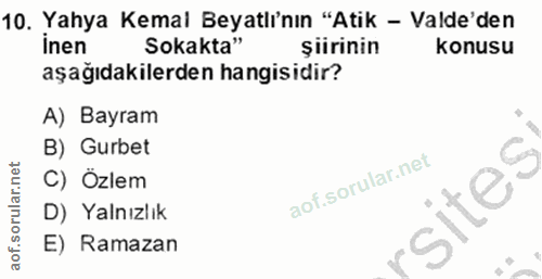 10. soru: Yahya Kemal Beyatlı'nın "Atik - Valde'den inen Sokakta" şiirinin konusu aşağıdakilerden hangisidir? A) Bayram B) Gurb…