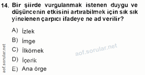 14. soru: Bir şiirde vurgulanmak istenen duygu ve düşüncenin etkisini artırabilmek için sık sık yinelenen çarpıcı ifadeye ne ad…