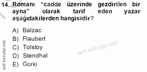 14. soru: Romanı "cadde üzerinde gezdirilen bir ayna" olarak tarif eden yazar aşağıdakilerden hangisidir? A) Balzac B) Flaubert…