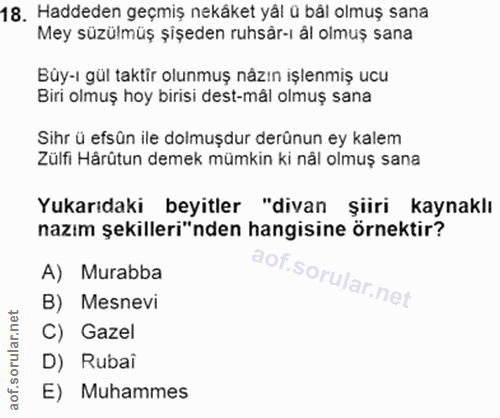 18. soru: Haddeden geçmiş nekâket yål ü bål olmuş sana Mey süzülmüş şişeden ruhsär-ı al olmuş sana Búy-ı gül taktir olunmuş nåz…