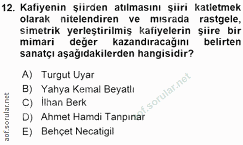 12. soru: Kafiyenin şiirden atılmasını şiiri katletmek olarak nitelendiren ve mısrada rastgele, simetrik yerleştirilmiş kafiyel…