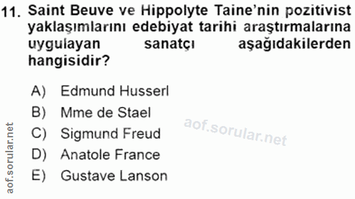 11. soru: Saint Beuve ve Hippolyte Taine'nin pozitivist yaklaşımlarını edebiyat tarihi araştırmalarına uygulayan sanatçI aşağıd…