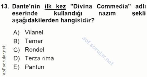 13. soru: Dante'nin ilk kez "Divina Commedia" adlı eserinde kullandığı nazım şekli aşağıdakilerden hangisidir? A) Vilanel B) Te…