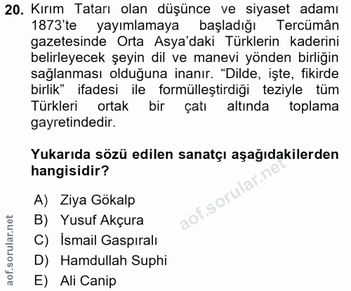 20. soru: Kırım Tatarı olan düşünce ve siyaset adamı 1873'te yayımlamaya başladığı Tercümân gazetesinde Orta Asya'daki Türkleri…