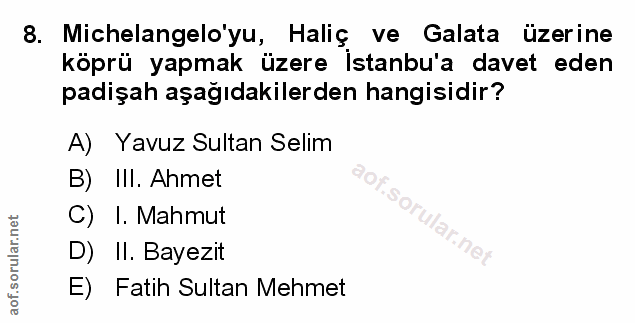 8. soru: Michelangelo'yu, Haliç ve Galata üzerine köprü yapmak üzere İstanbu'a davet eden padişah aşağıdakilerden hangisidir?…