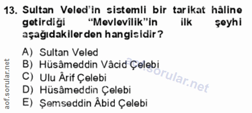 13. soru: Sultan Veled'in sistemli bir tarikat hâline getirdiği "Mevlevilik"'in ilk şeyhi aşağıdakiler den hangisidir? A) Sulta…