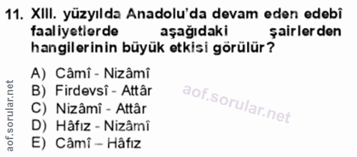 11. soru: XIIl. yüzyılda Anadolu'da devam eden edebi faaliyetlerde aşağıdaki şairlerden hangilerinin büyük etkisi görülür? A) C…