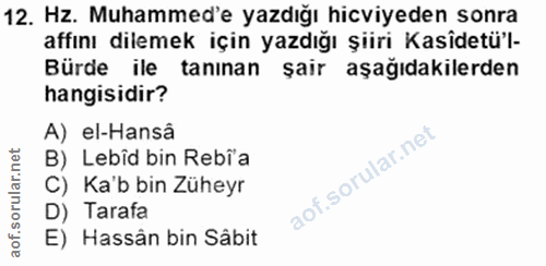 12. soru: Hz. Muhammed'e yazdığı hicviyeden sonra affını dilemek için yazdığı şiiri Kasîdetü'l- Bürde ile tanınan şair aşağıdak…