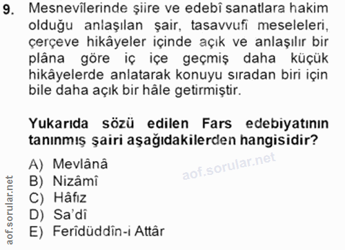 9. soru: Mesnevilerinde şiire ve edebi sanatlara hakim olduğu anlaşılan şair, tasavvufi meseleleri, çerçeve hikâyeler içinde a…