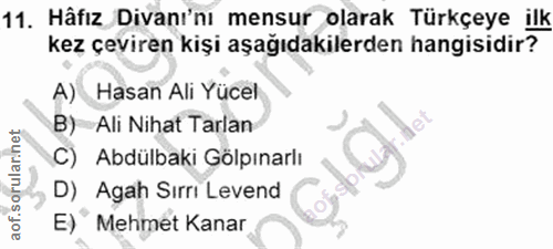 11. soru: Hafız Divanı'nı mensur olarak Türkçeye ilk kez çeviren kişi aşağıdakilerden hangisidir? A) Hasan Ali Yücel B) Ali Nih…