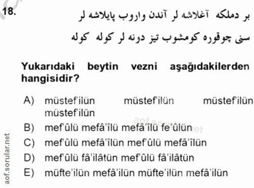 18. soru: Yukarıdaki beytin vezni aşağıdakilerden hangisidir? A) müstef ilün müstefilün müstef ilün müstef ilün B) mefülü mefâ'…