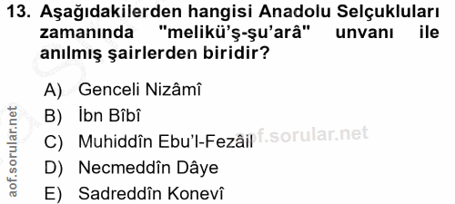 13. soru: Aşağıdakilerden hangisi Anadolu Selçukluları zamanında "melikü'ş-şu'arâ" unvanı ile anılmış şairlerden biridir? A) Ge…